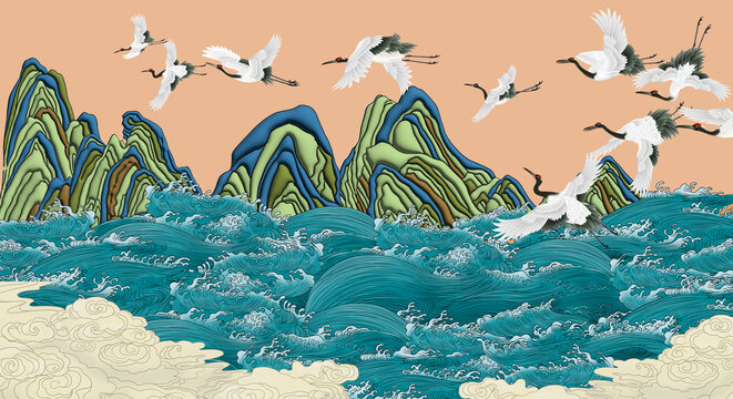 海浪仙山背景墻