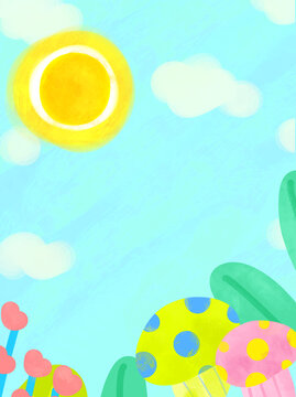 卡通背景蓝天太阳蘑菇植物素材
