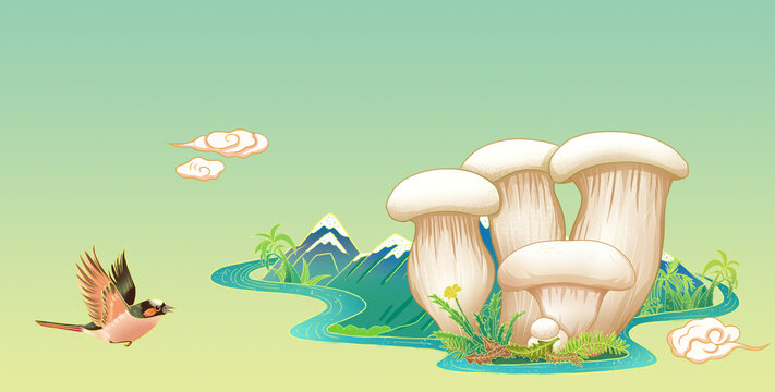 國風(fēng)白靈菇手繪插畫
