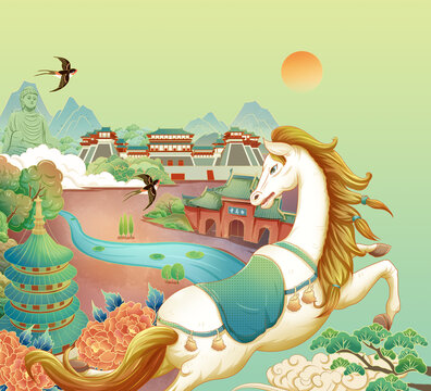中國風(fēng)洛陽地標(biāo)手繪插畫
