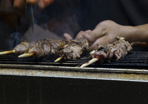 夜市烧烤红柳枝烤羊肉串