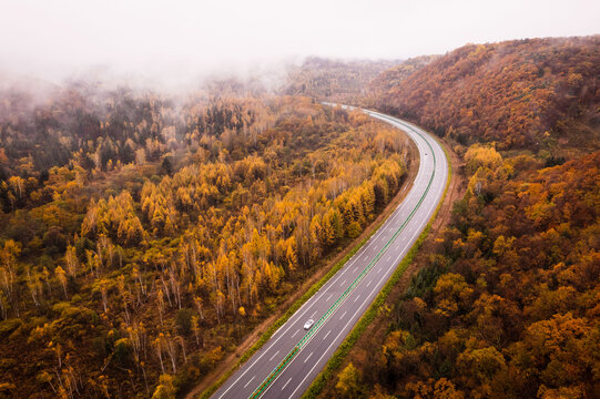 东北森林秋色公路五花山