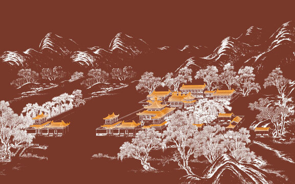 新中式描線閣樓山水畫