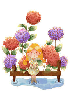 插畫繡球花與女孩