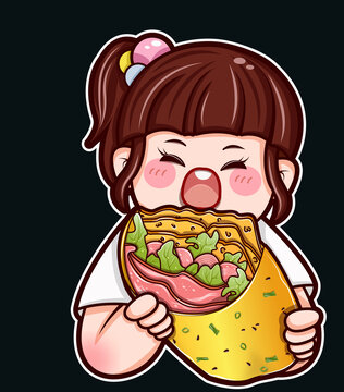 卡通小女孩吃煎餅果子