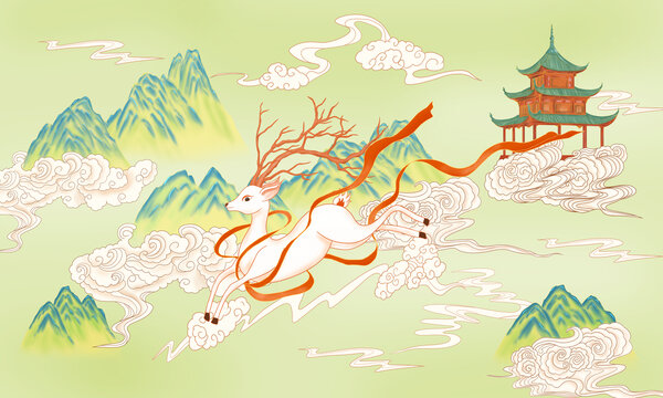 梅花鹿國(guó)潮插畫