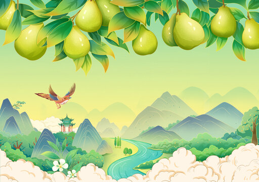 國風(fēng)庫爾勒香梨手繪插畫