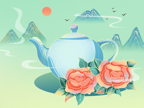 國潮茶壺和牡丹花