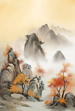 秋天山水潑墨