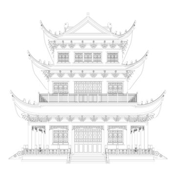 十字歇山樓閣立面線稿