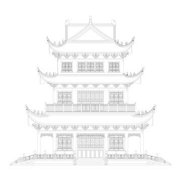 十字歇山樓閣正立面線稿