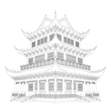 十字歇山樓閣軸測線稿