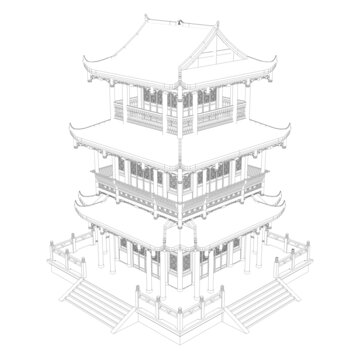 歇山閣樓鳥瞰線稿