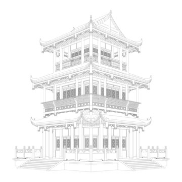 歇山閣樓軸測線稿