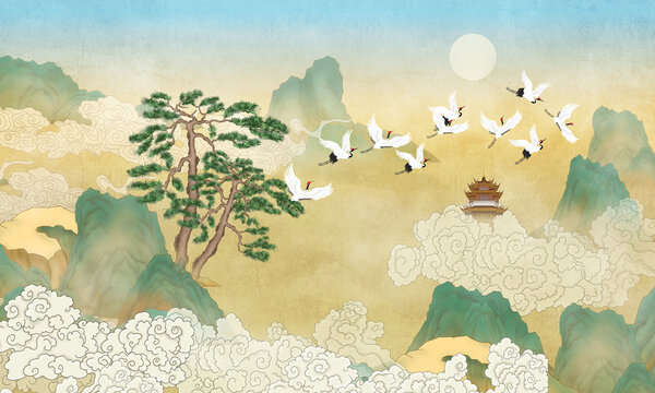 國潮迎客松山水插畫