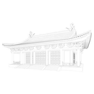 魚龍脊大殿軸測線稿