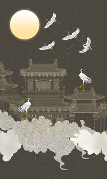 樓閣線描裝飾畫