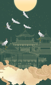 樓閣線描裝飾畫(huà)