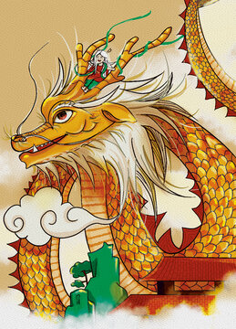 國風(fēng)插畫金龍破空云端之上