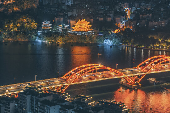 广西柳州城市夜景文惠桥与文庙