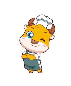 卡通可愛(ài)小牛廚師交叉雙臂