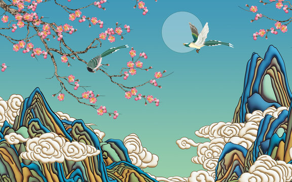 浮雕山水背景墻梅花