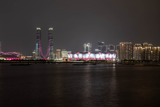 杭州城市江景夜晚