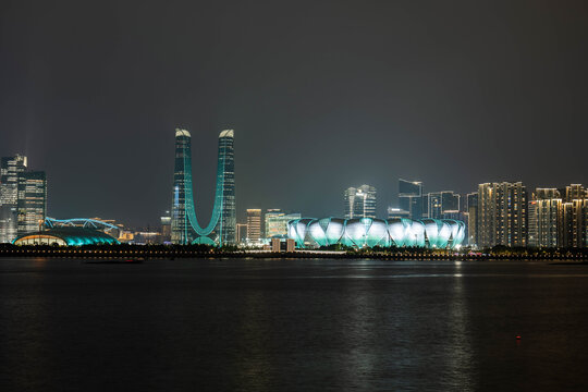 杭州城市江景夜晚