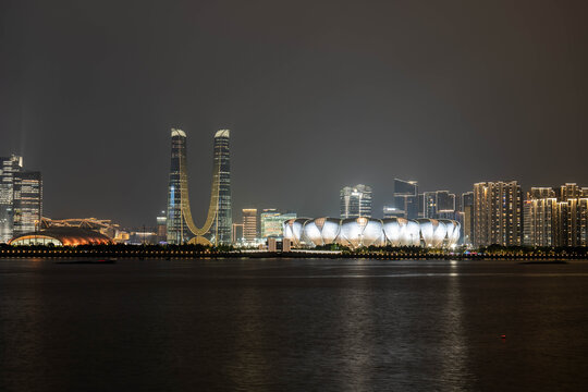 杭州城市江景夜晚