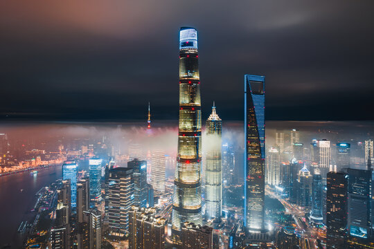 上海陆家嘴夜景城市风光航拍