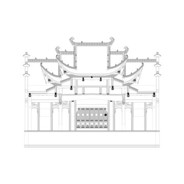 徽派戲臺(tái)正立面線稿
