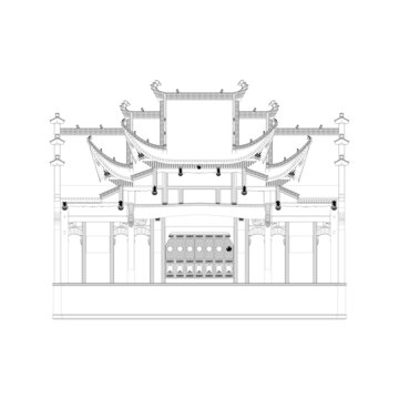 徽派戏台正立面线稿