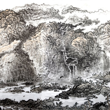 水墨淡彩山水画