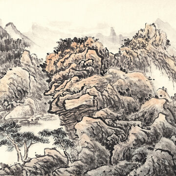 水墨淡彩山水画