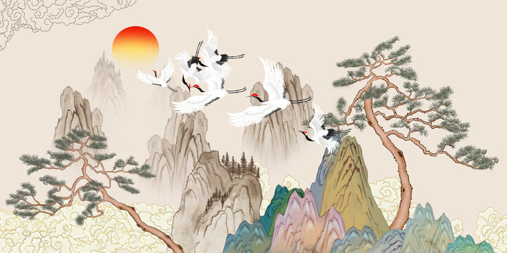 復(fù)古迎客松國(guó)潮山水背景