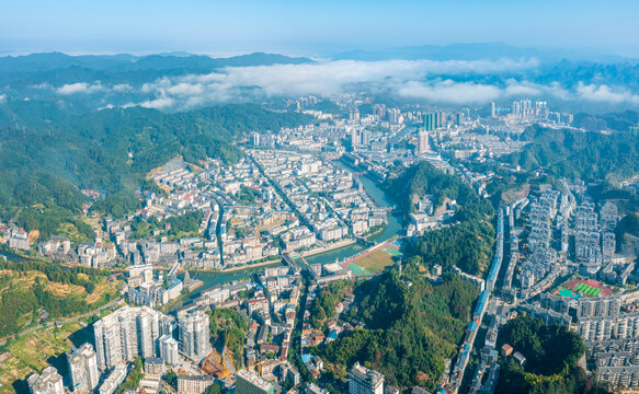 航拍怀化通道县城城市风光全景