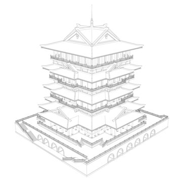 秦漢閣樓鳥瞰線稿