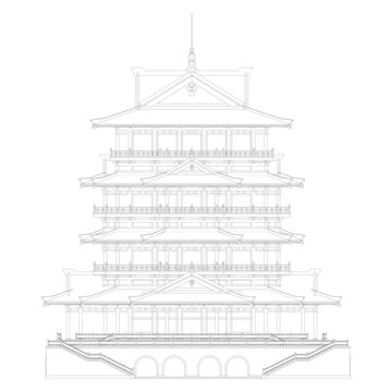 秦漢閣樓正立面線稿