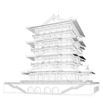秦漢閣樓軸測線稿
