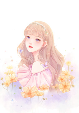 花丛中少女唯美头像插画