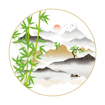 翠竹山水圆形画