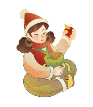 戴圣誕帽女生拆禮物盒蘋果免摳