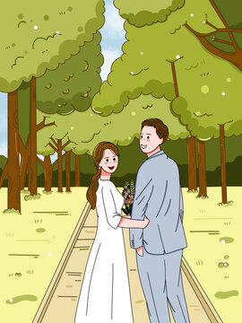 秋天浪漫婚紗戶外卡通插畫