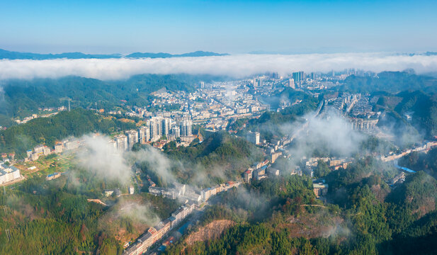 航拍怀化通道县城城市风光全景