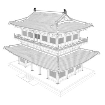 宣政殿門樓鳥瞰線稿