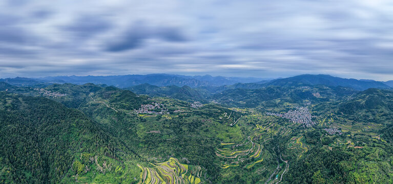 温州永嘉楠溪江茗岙梯田全景