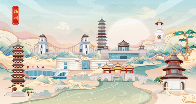 揚(yáng)州國潮城市地標(biāo)建筑手繪插畫
