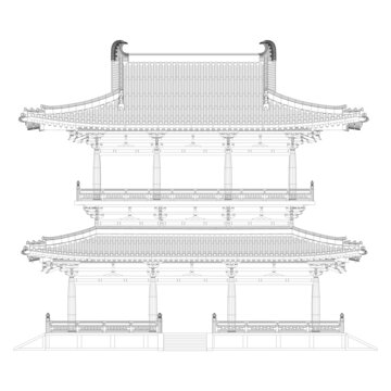 唐風(fēng)水榭正立面線稿