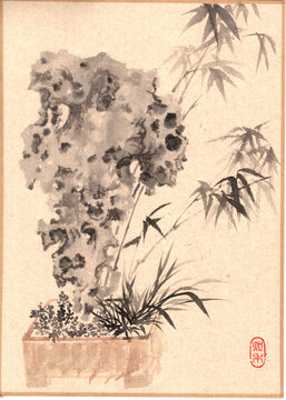 手繪高清掃描國(guó)畫(huà)太湖竹石圖