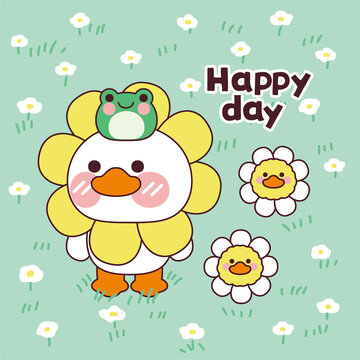花朵中可爱的卡通小鸭与小小鸭